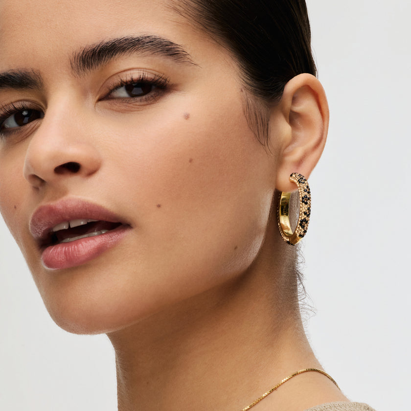 Leopard Large Sparkle Hoop Earrings on model