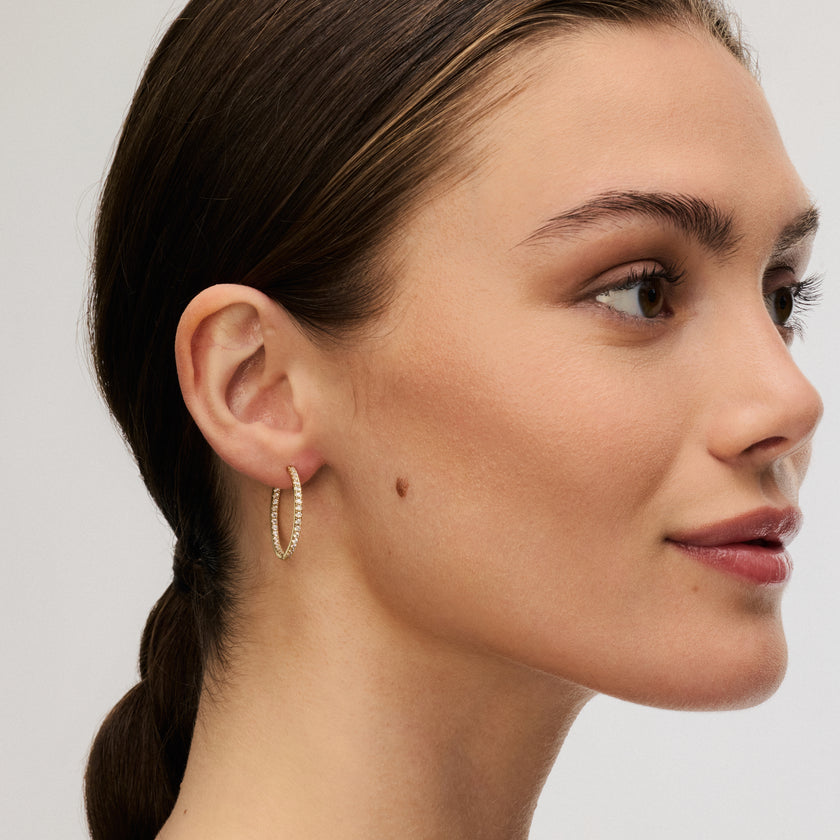 Gold Medium Pavé Hoop Earrings on model