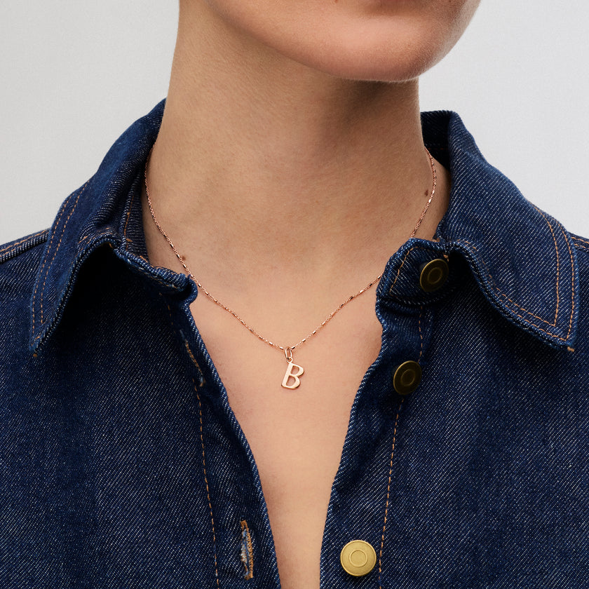 Celestial Chain Necklace with Rose Gold Letter Charm in Rose Gold on model