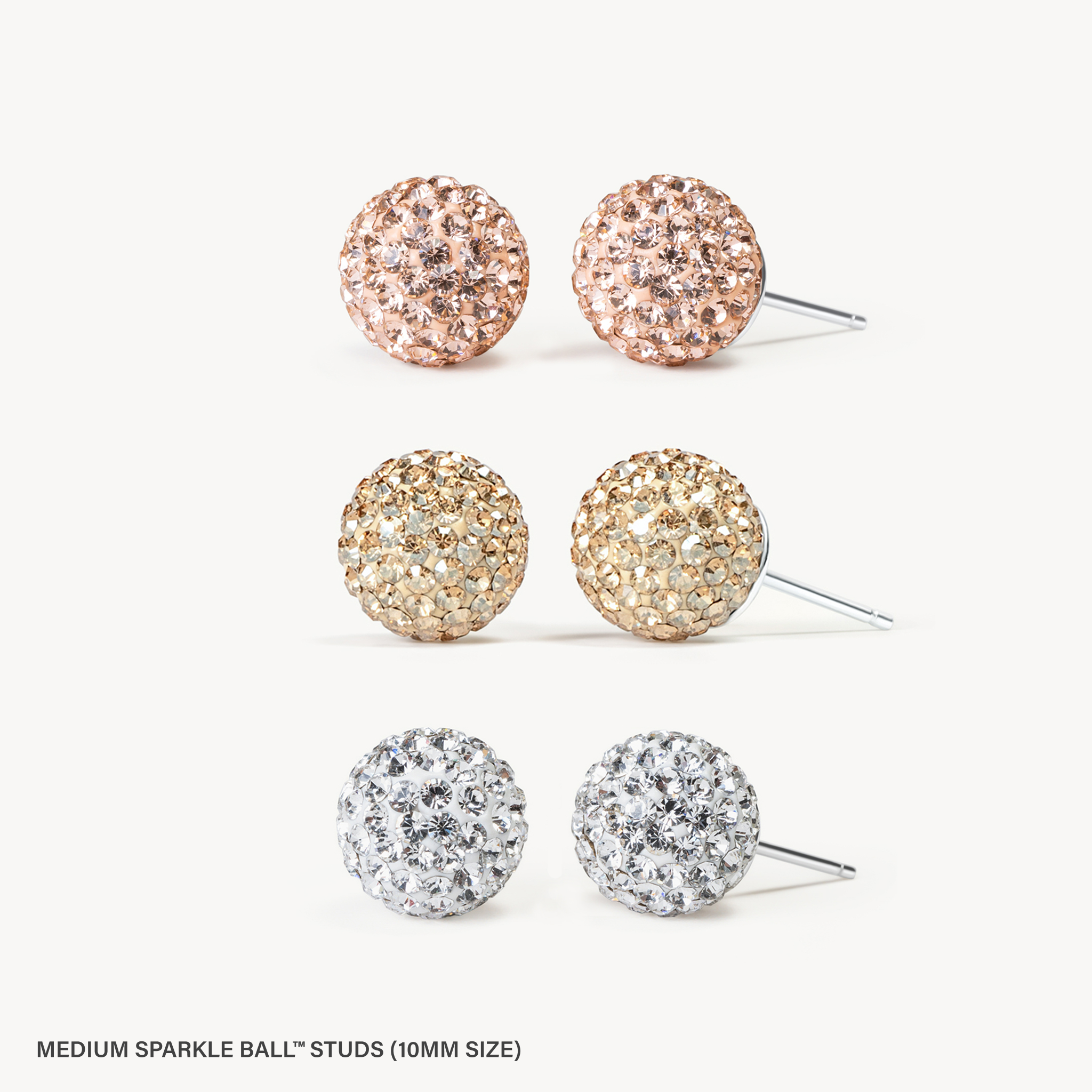 10mm studs in Rose Gold, Soft Gold, and White
