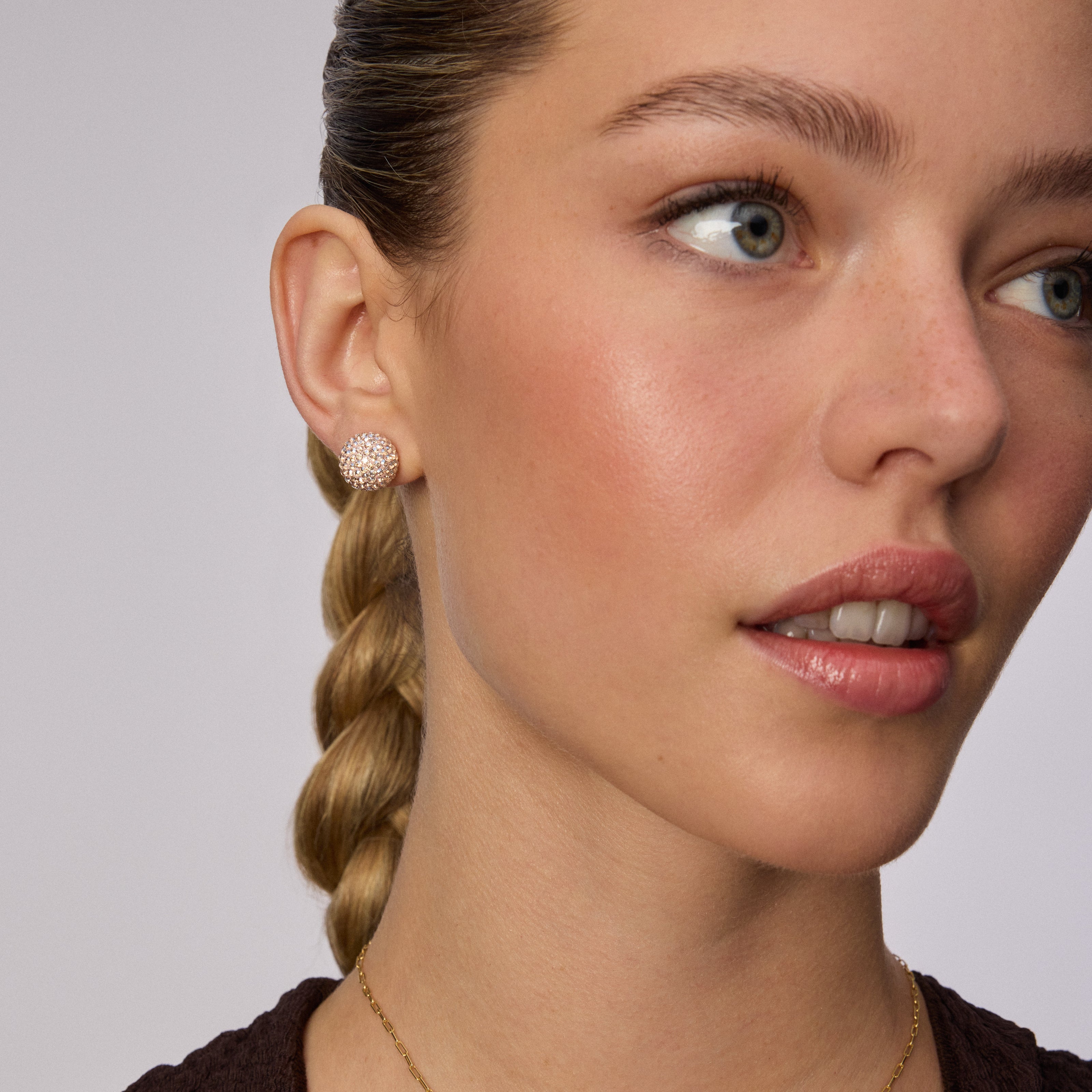 Large Champagne Sparkle Ball™ Stud Earrings on model