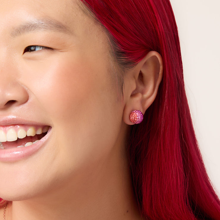 12mm Prismatic Pink Holiday Sparkle Ball™ Stud Earrings on model