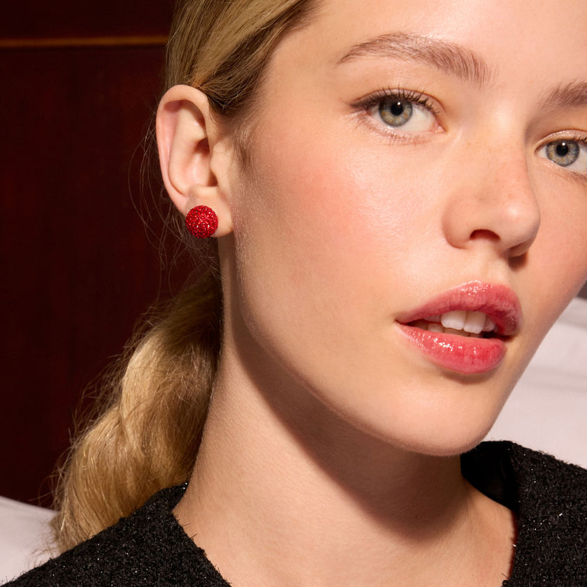 Large Red Velvet Sparkle Ball™ Stud Earrings on model