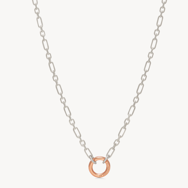Figaro Charm Chain Necklace — Silver with Rose Gold Circle Link