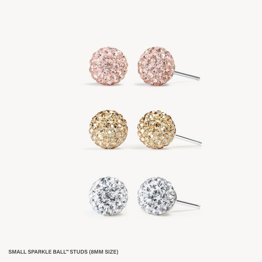 8mm studs in Rose Gold, Soft Gold, and White
