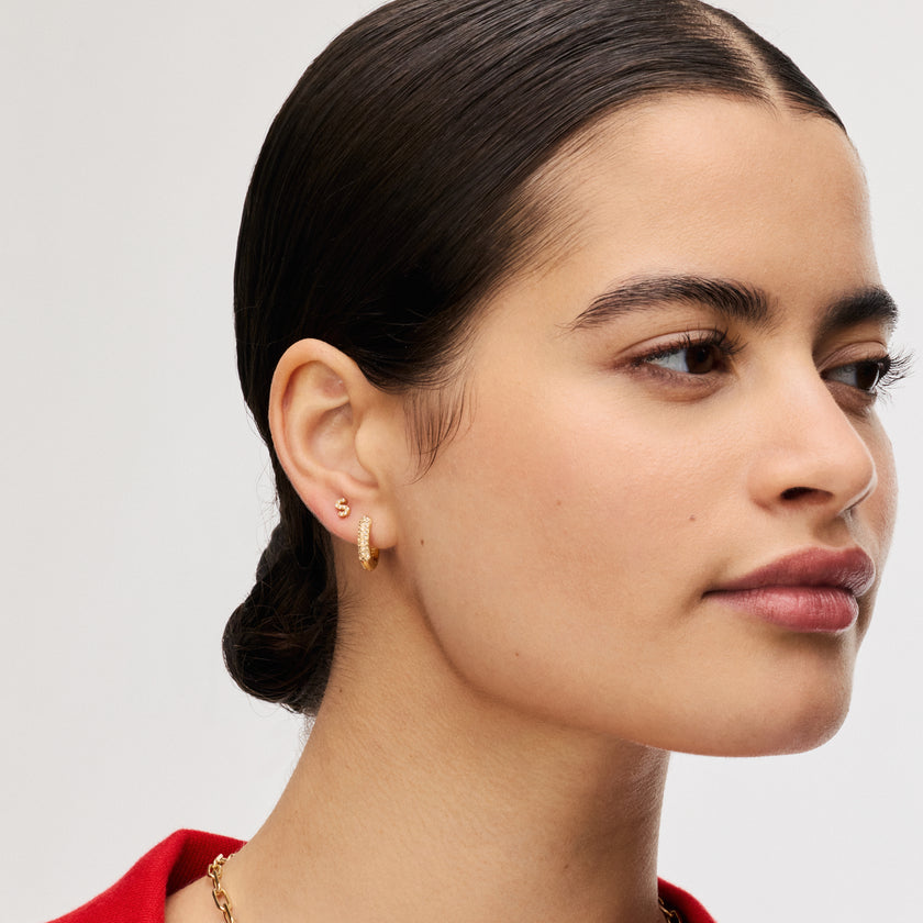 Always On Sparkle Hoop Earrings and abc Single Stud Earring on model