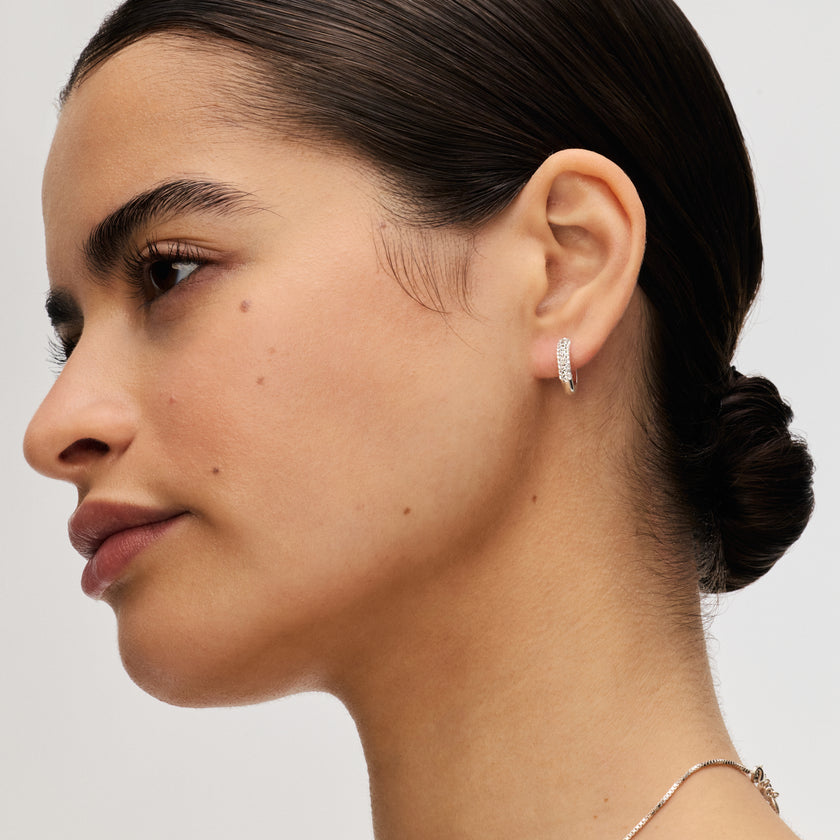 Always On Sparkle Hoop Earrings in White on model