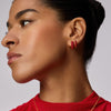 Red Velvet and Soft Gold Sparkle Reversible Hoop Earrings and Red Velvet Always On Hoop Earring on model