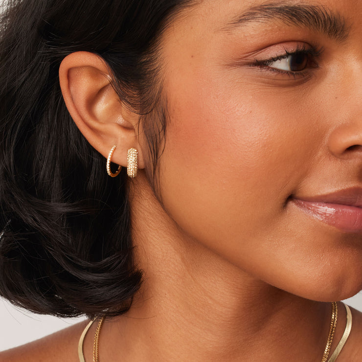 Amber & Gold Sparkle Reversible Hoop Earrings — Small on model