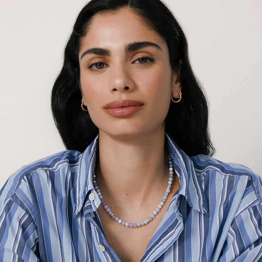 Blue Lace Agate Gemstone Necklace on model