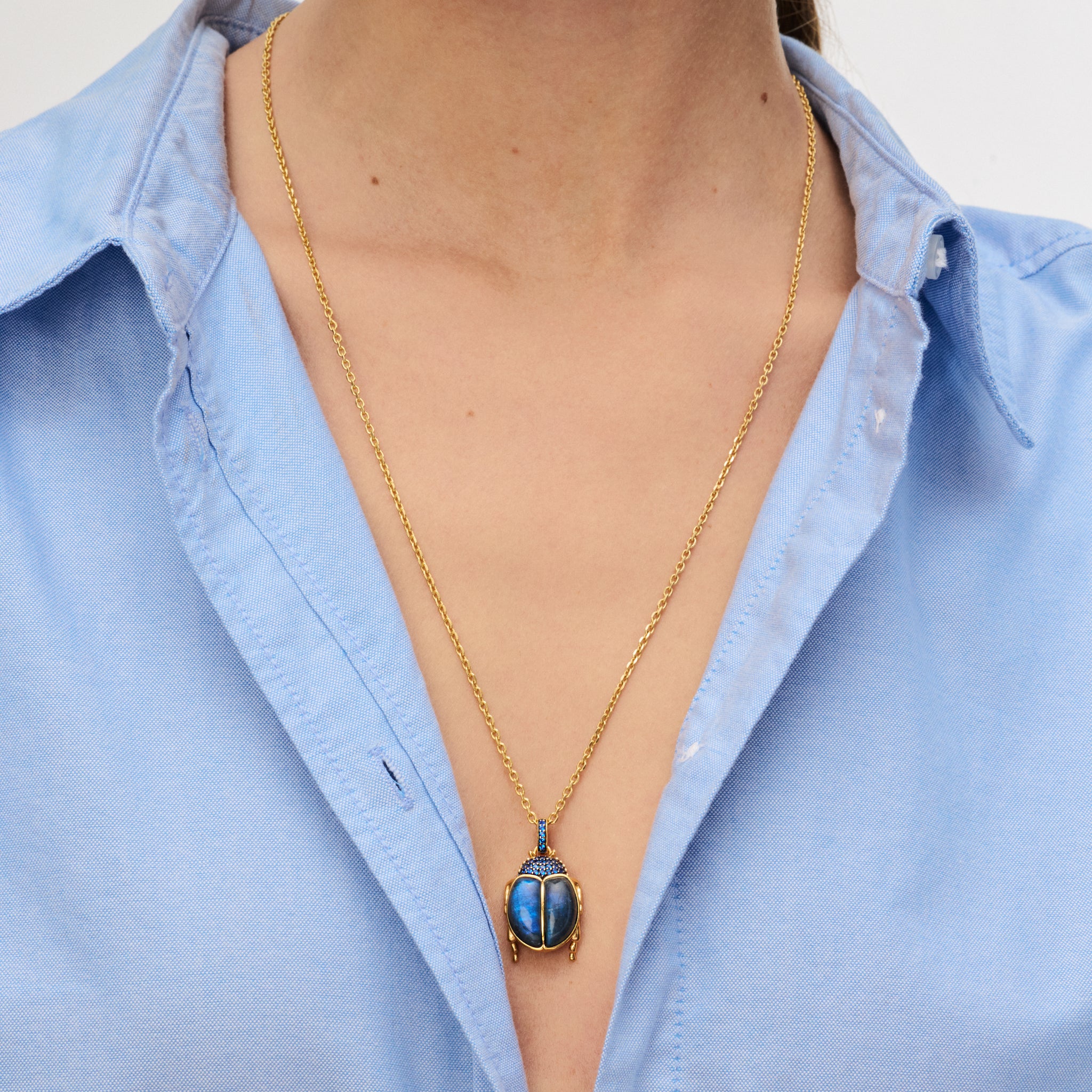 Labradorite Beetle Charm on a Rolo Chain on model