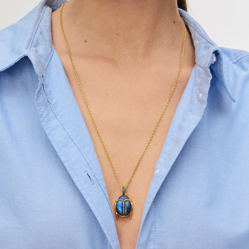 Labradorite Beetle Charm on a Rolo Chain on model