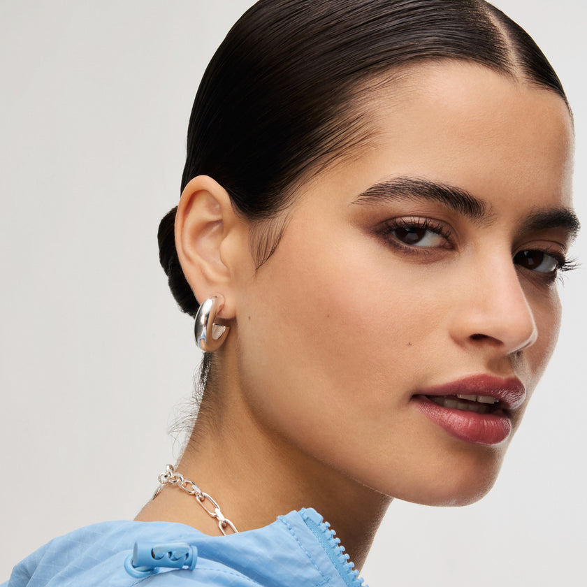 Chunky Statement Hoop Earrings in Silver on model