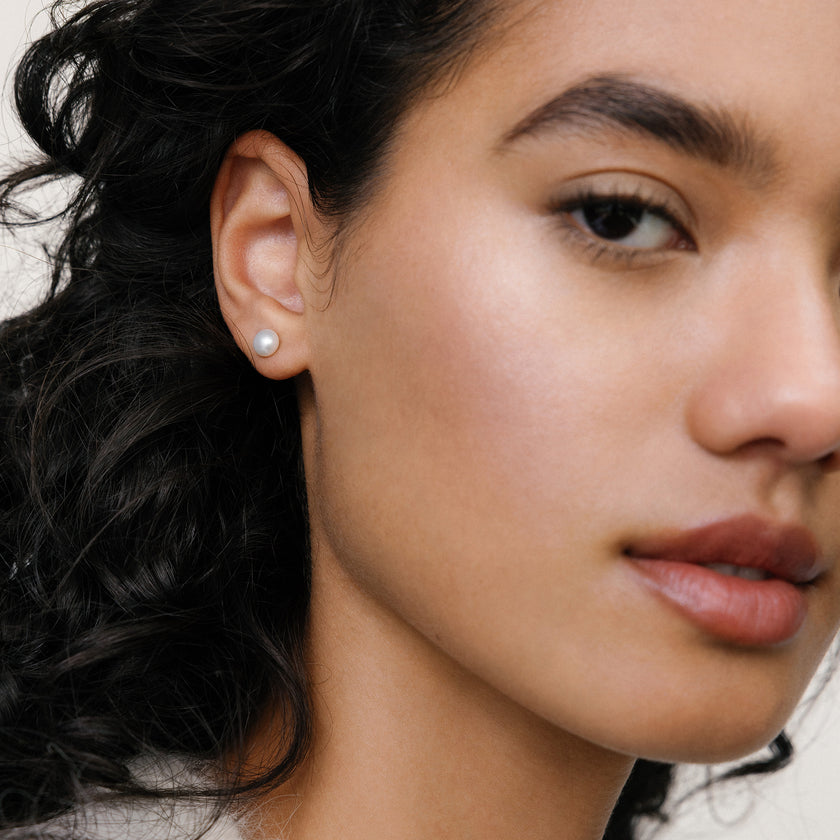 Classic Pearl Studs on model