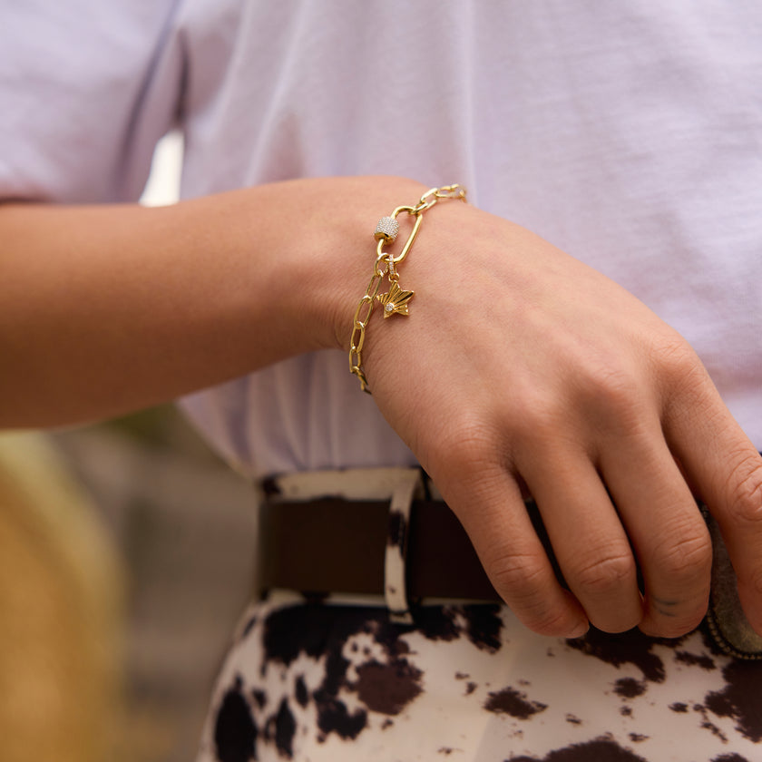 Gold Clip Chain Charm Bracelet Base on model