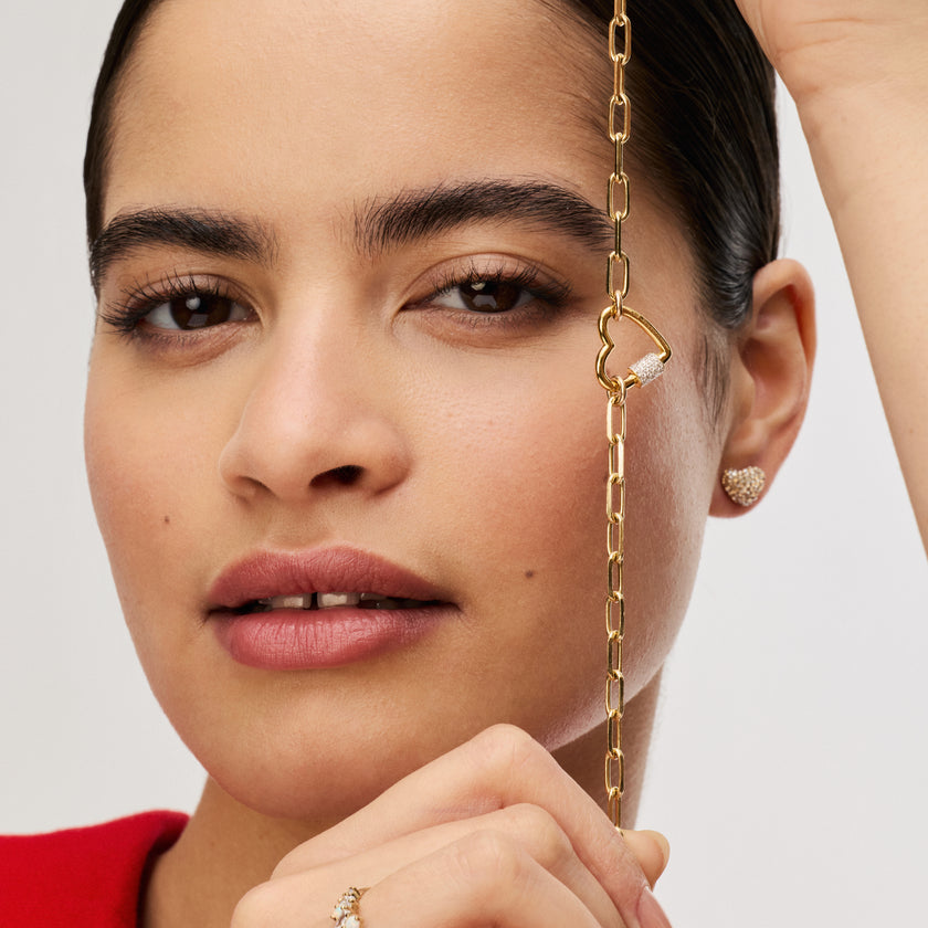 Heart Carabiner Twist Link Charm Holder with Clip Chain Charm Necklace Base on model