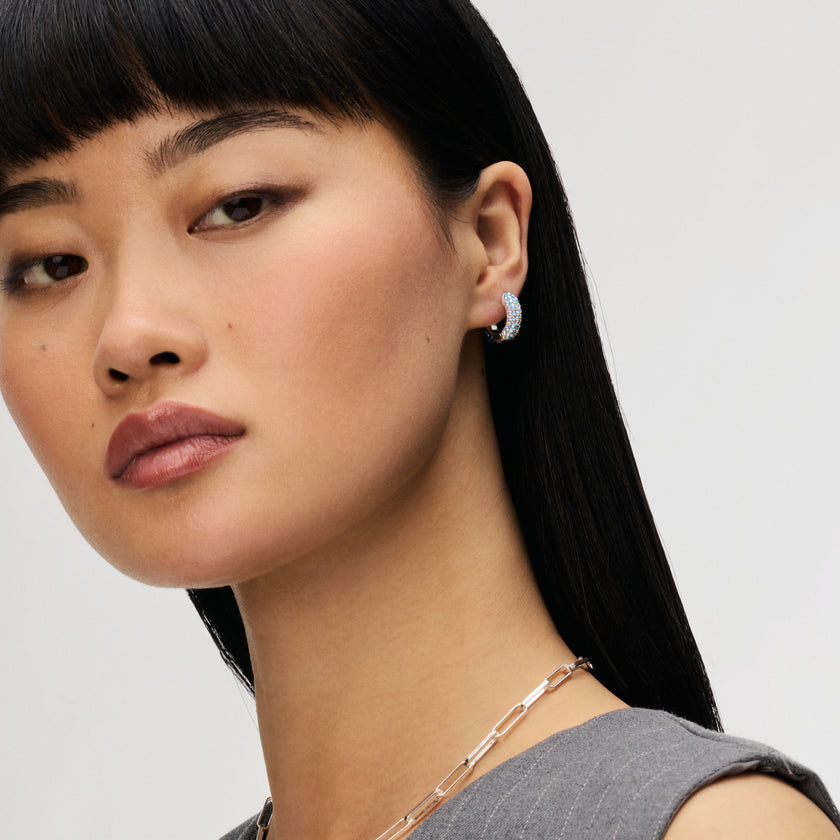 Small Two-Tone Reversible Sparkle Hoop Earrings Celestial Sky side on model