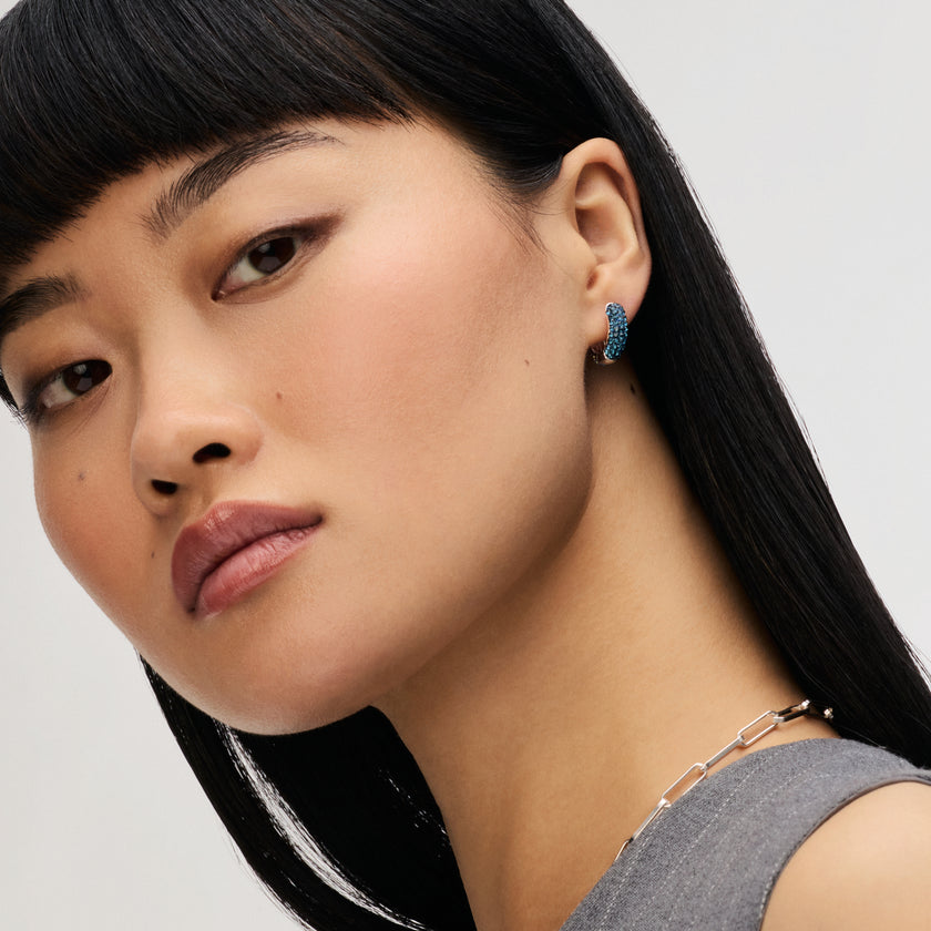 Small Two-Tone Reversible Sparkle Hoop Earrings Navy Side on model