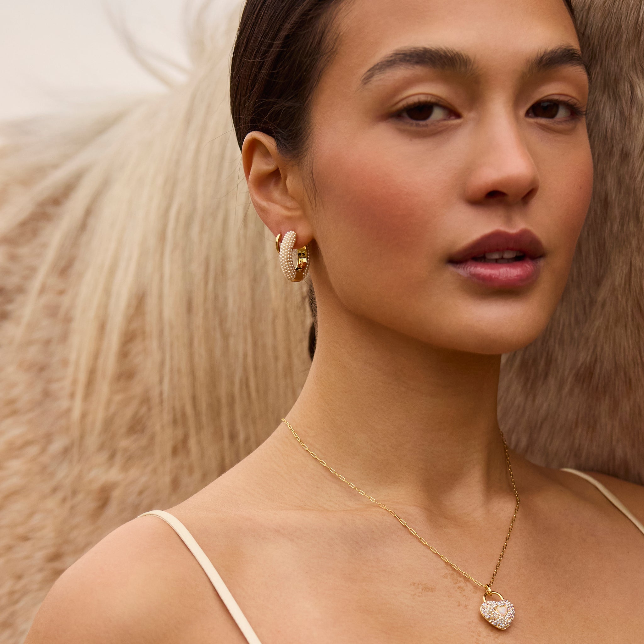 Cream Pearl Hoop Earrings on model