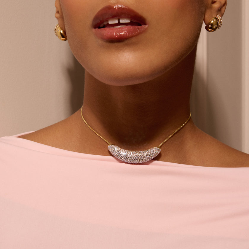 Champagne Curved Sparkle Necklace on model