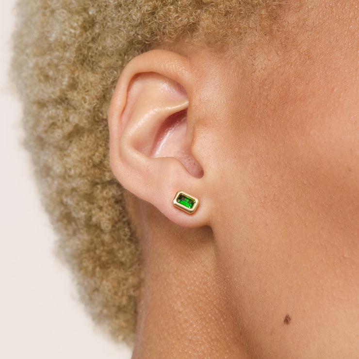 Linear Convertible Earrings - Emerald Studs on model