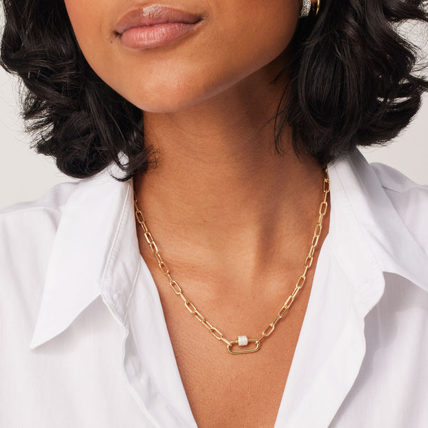 Clip Charm Chain Necklace — Gold with Carabiner on model