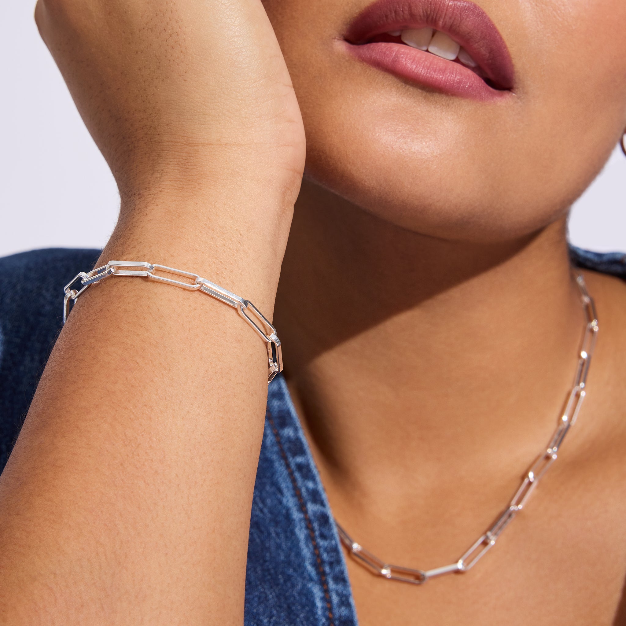 Silver Era Chain Bracelet + Necklace Set on model