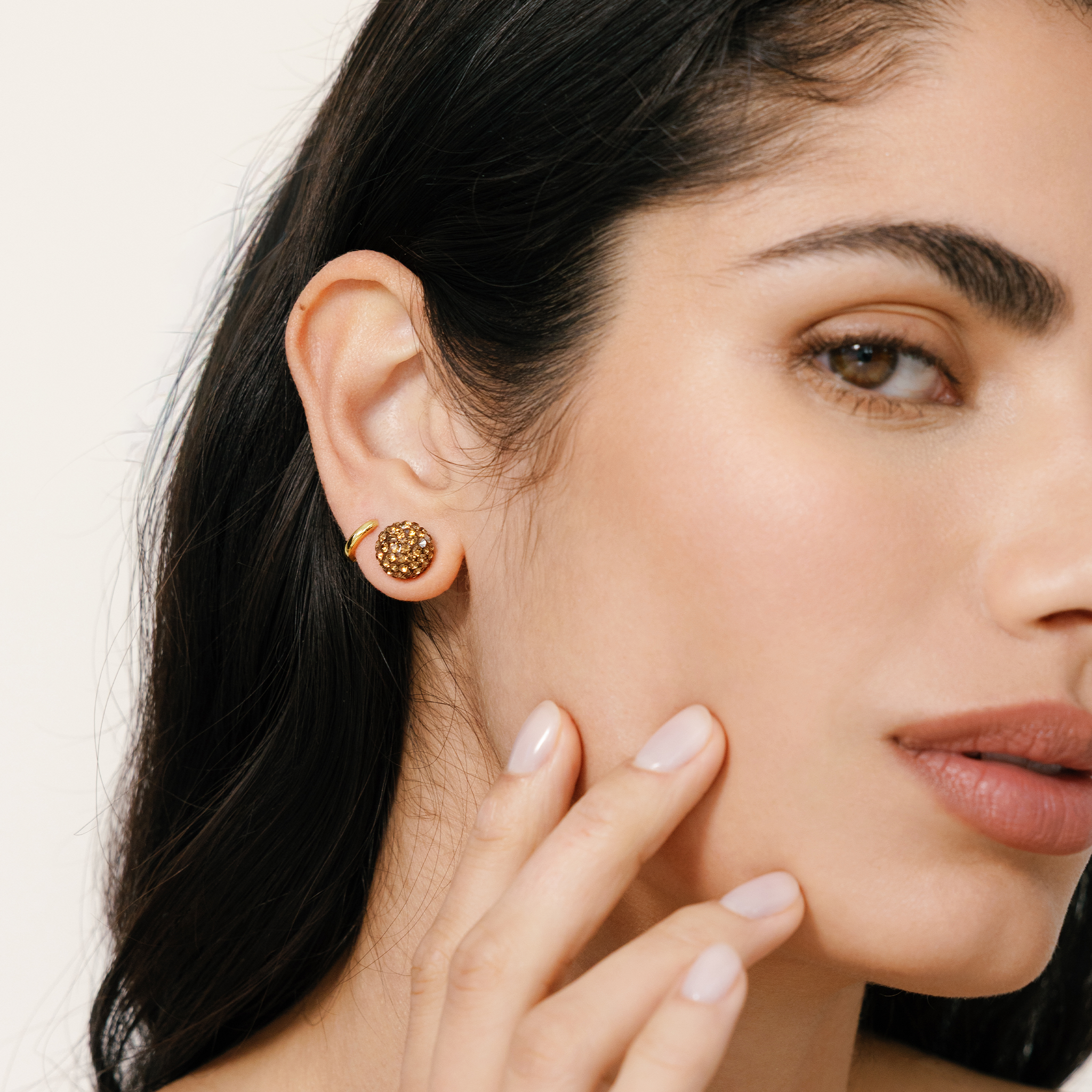 Espresso Sparkle Ball™ Stud Earrings on model