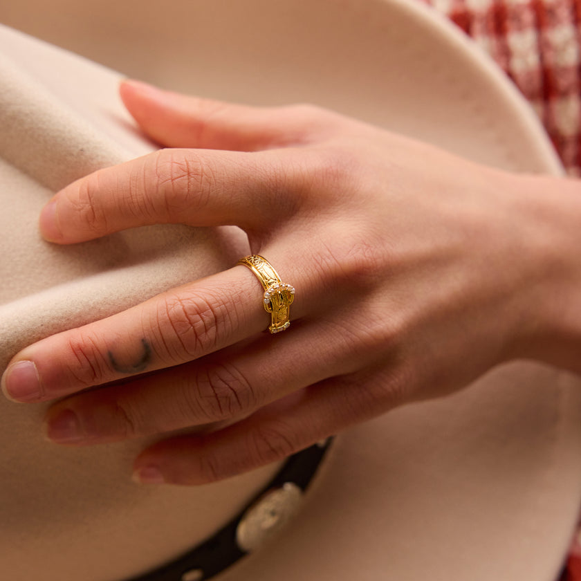 Etched Floral Buckle Ring on model
