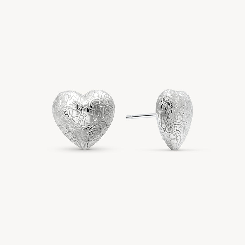 Etched Floral Heart Stud Earrings