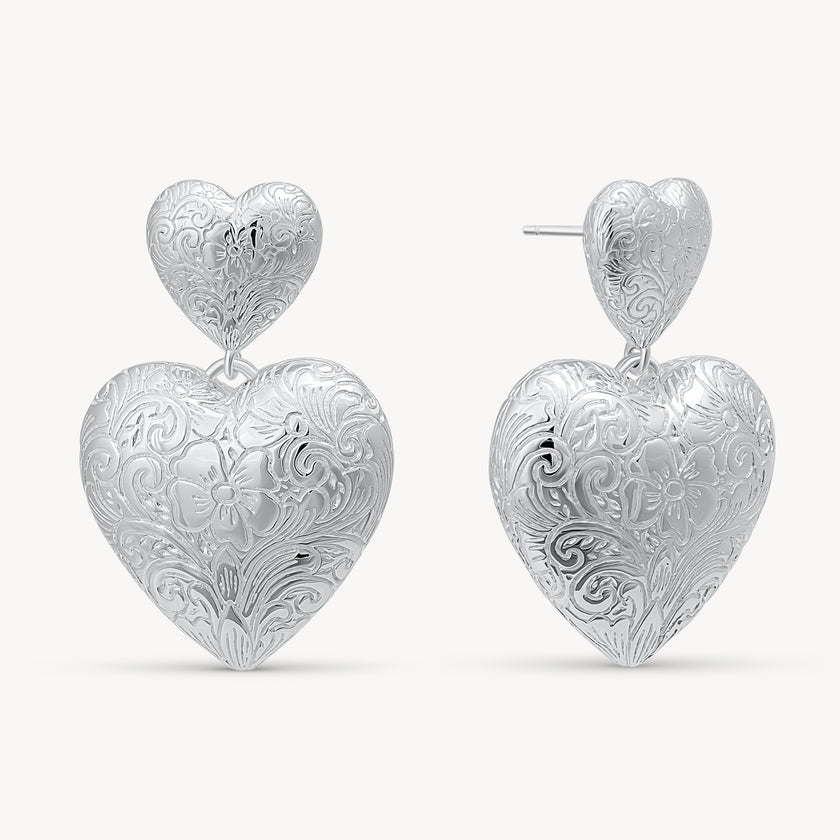 Silver Etched Floral Statement Earrings