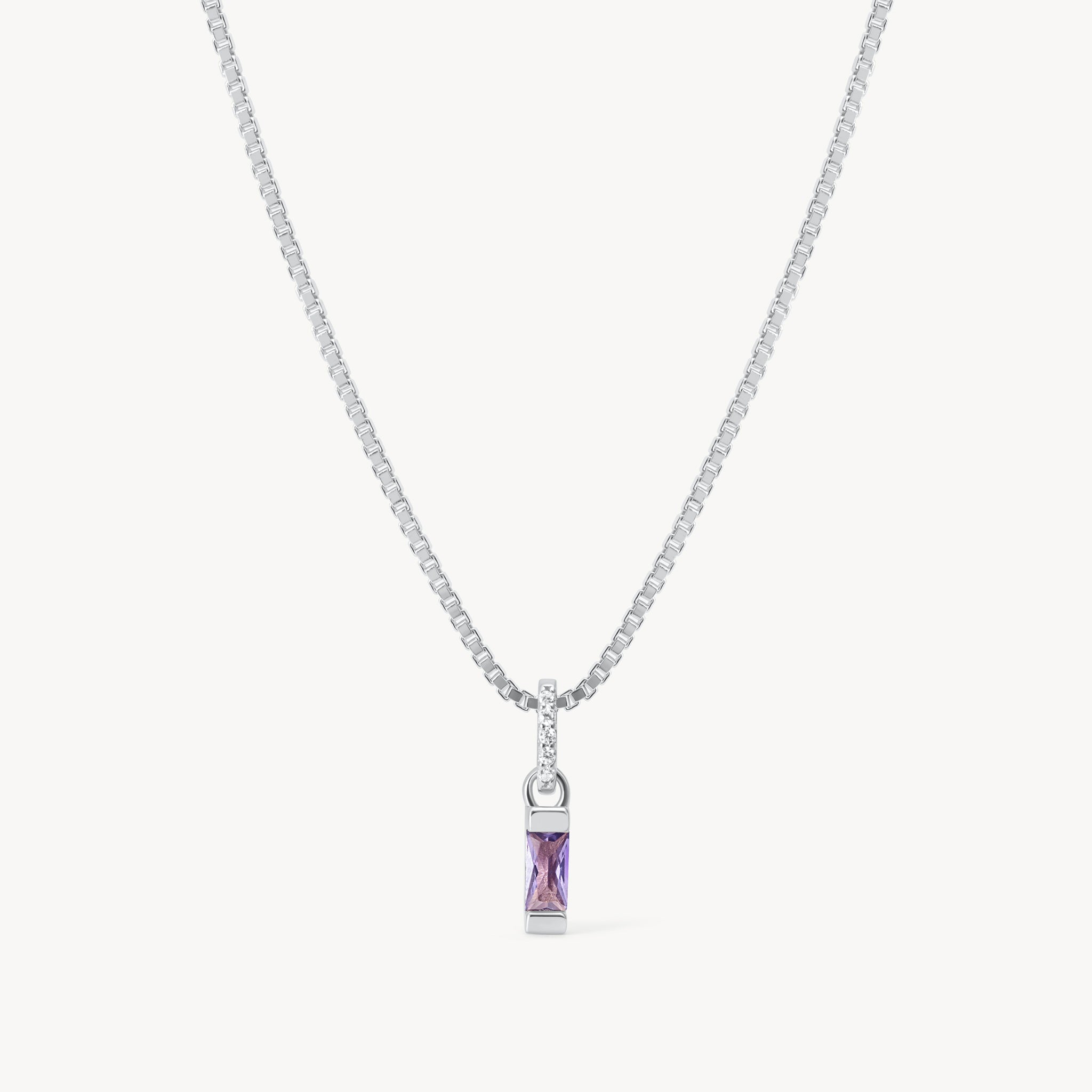 Silver February Birthstone Baguette Necklace