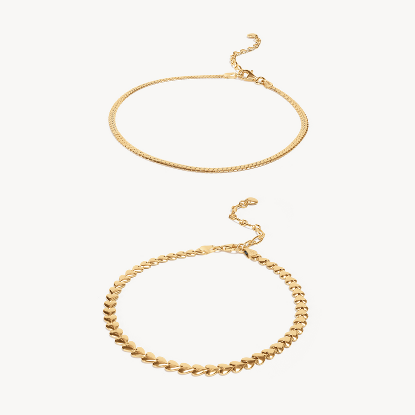 Heart & Herringbone Anklet Set Gold