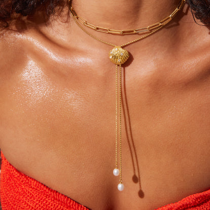 Golden Shell Bolo Tie Necklace on model