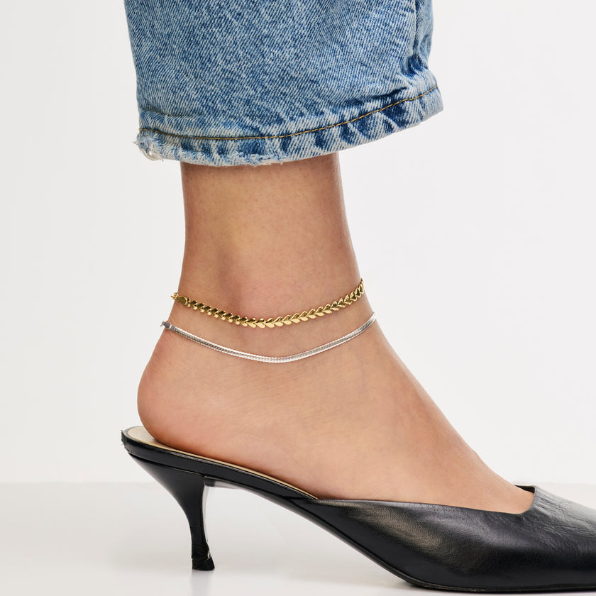 Mixed Metal Heart & Herringbone Anklet Set on model