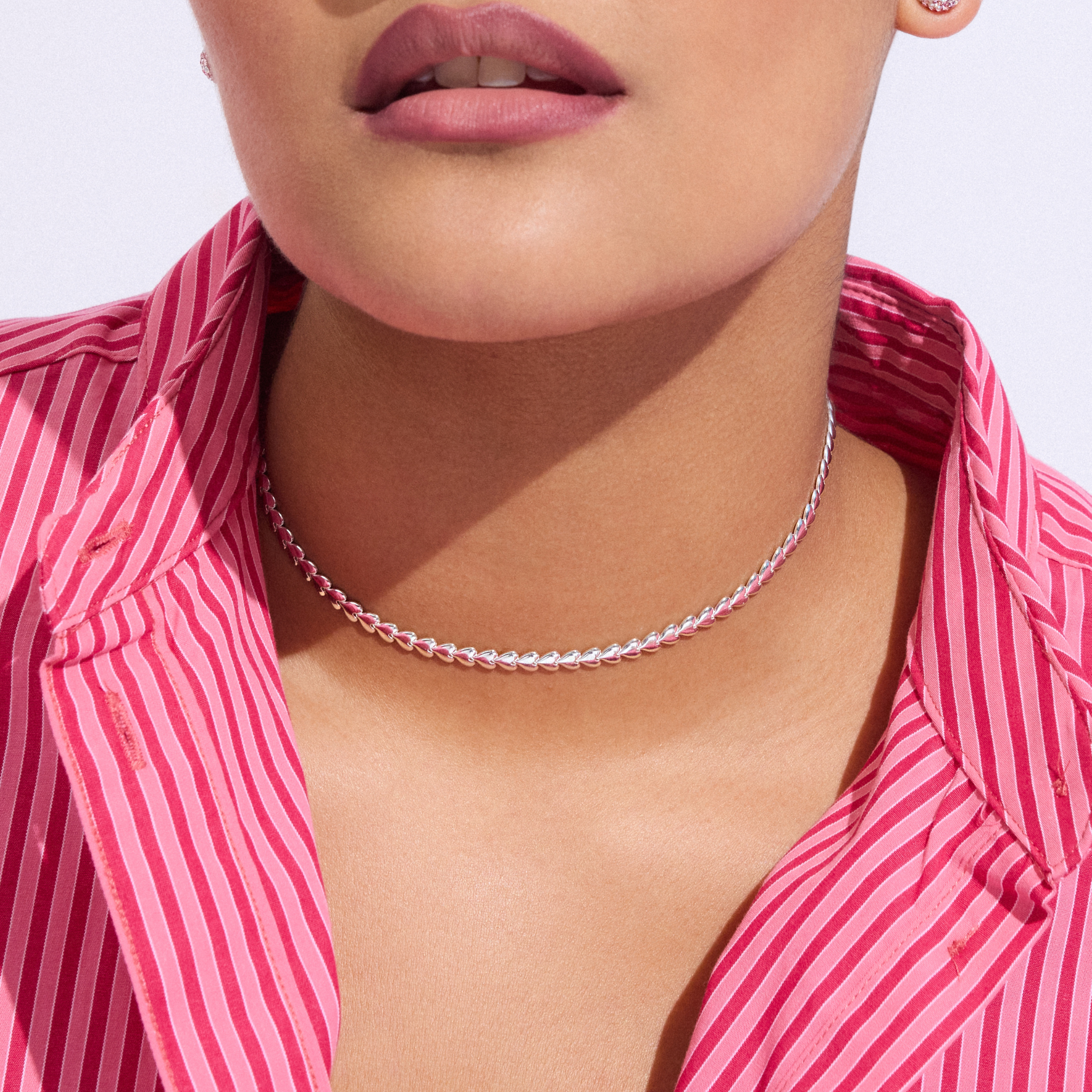 Heart Chain Set in Silver on model