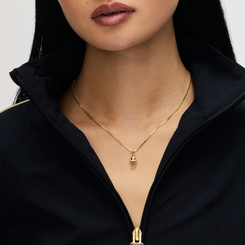 Hoop Charm on Box Chain Slider Necklace on model