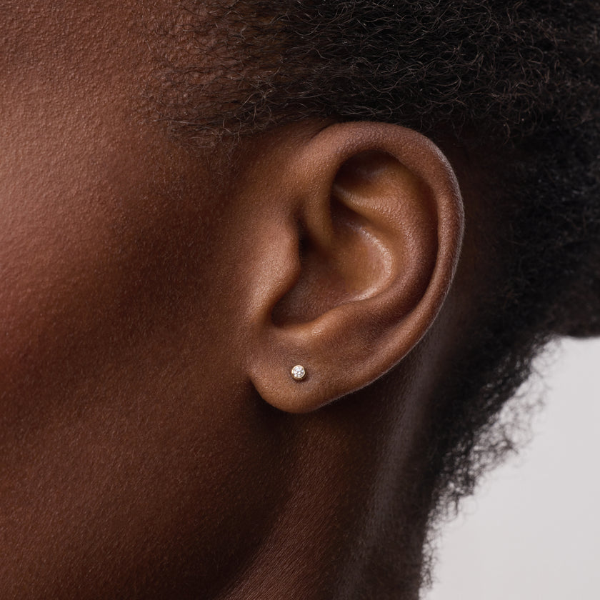 Lab Diamond Mini Bezel Stud Earrings on model