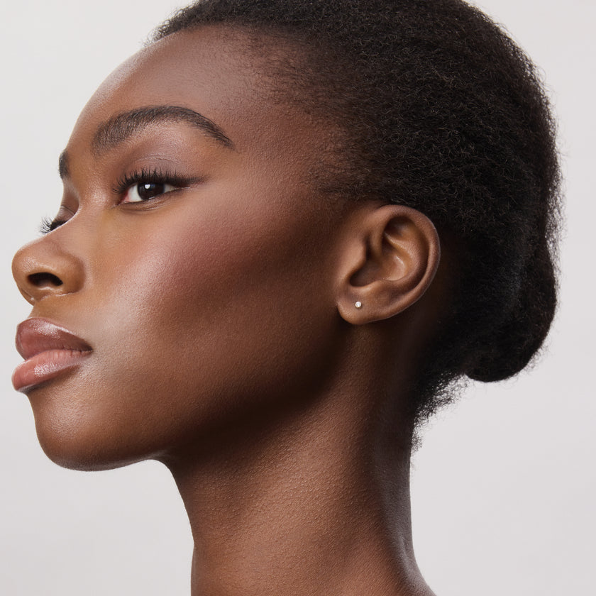 Lab Diamond Mini Bezel Stud Earrings on model