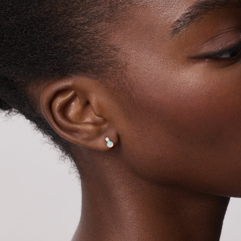 Lab Diamond & Opal Mini Stud Earrings on model