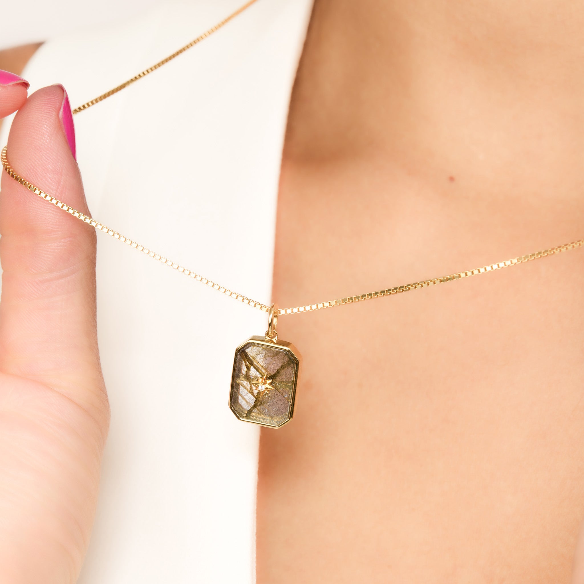 Labradorite Stone Charm on gold Slider Box Chain