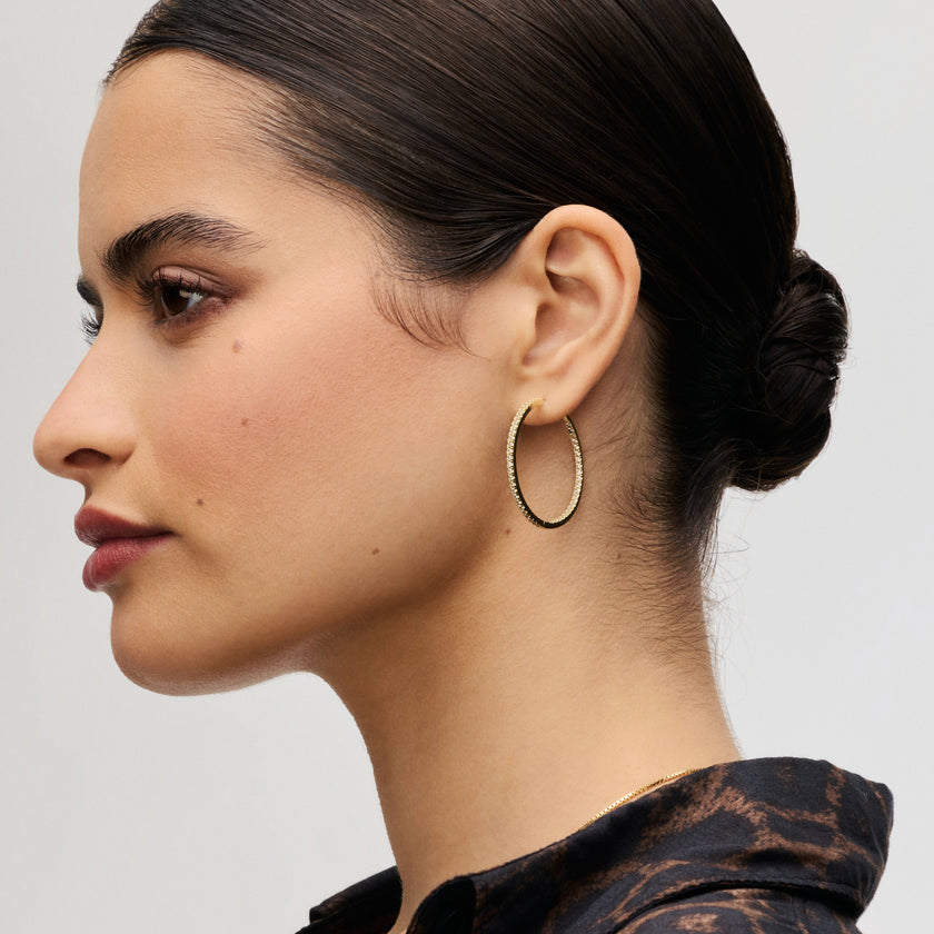 Gold Large Pavé Hoop Earrings on model