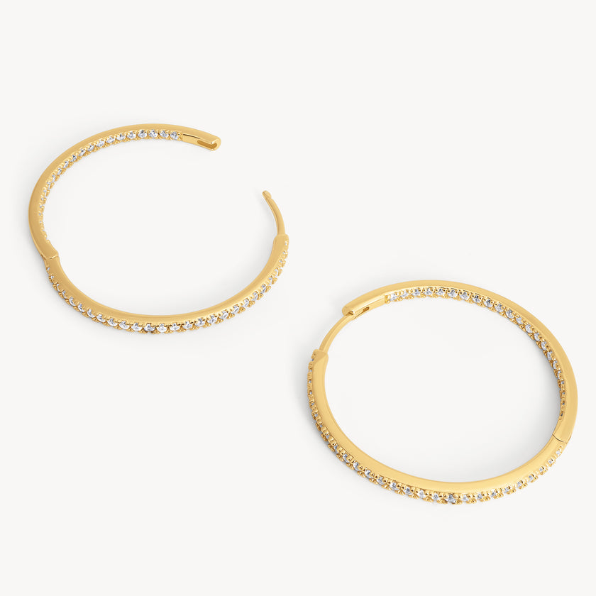 Gold Large Pavé Hoop Earrings laying flat and open