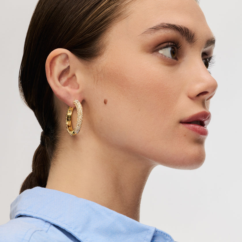 Soft Gold Large Sparkle Hoop Earrings on model
