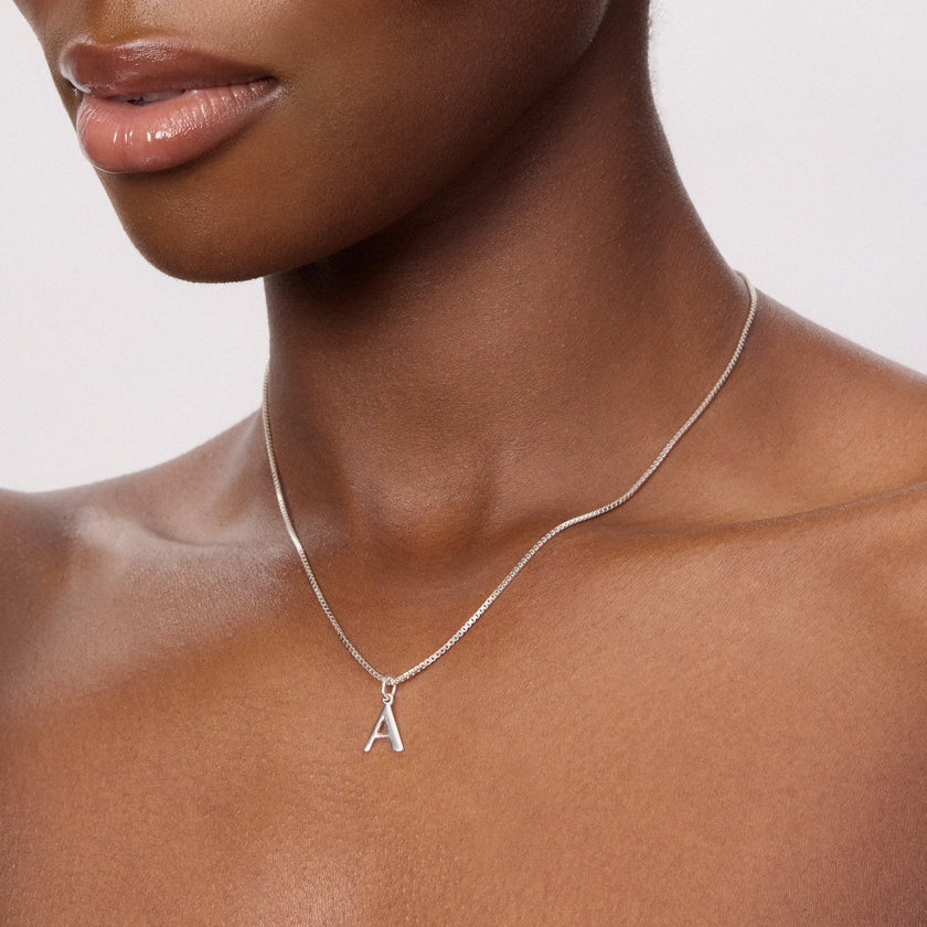 Sterling Silver Letter Necklace on model