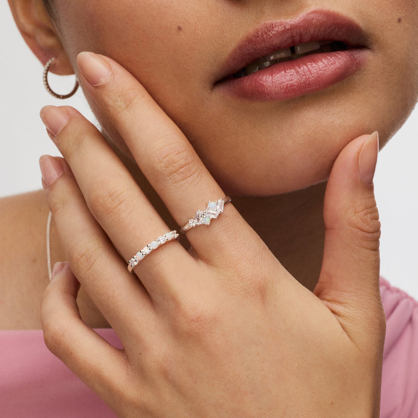 Baguette Opal Cluster Stacking Ring and Lineup Opal Stacking Ring in Silver on model