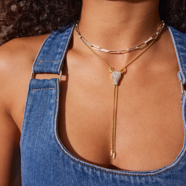 Longhorn Sparkle Bolo Tie Necklaceo on model