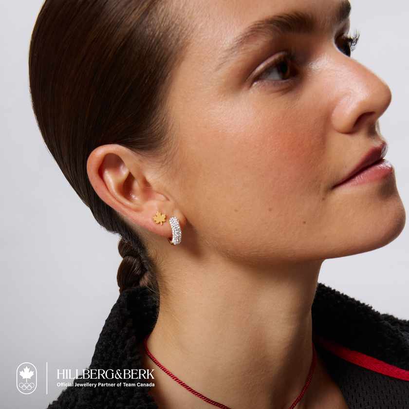 Red and White Sparkle Reversible Hoop Earrings & Maple Leaf Stud Earrings on model