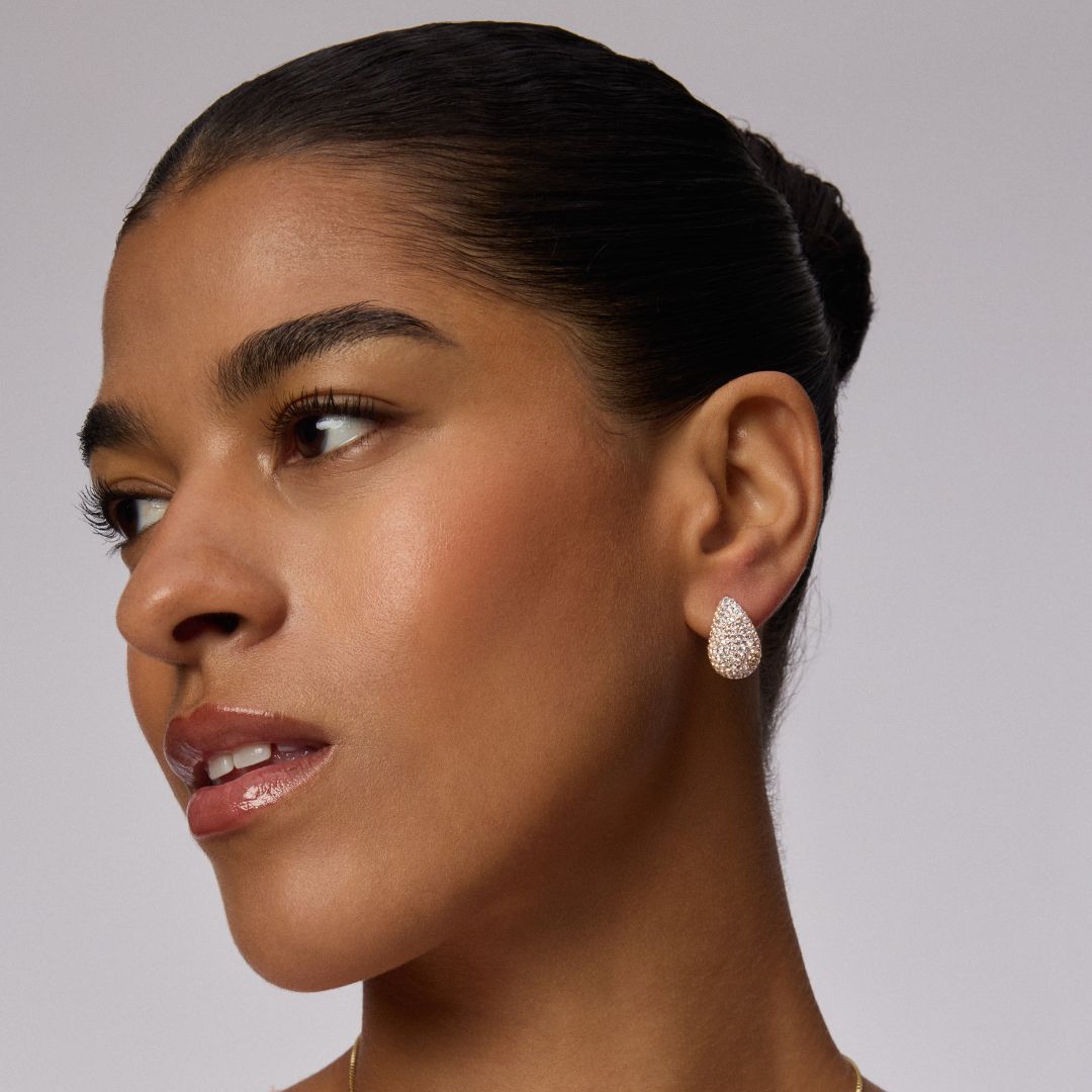 Champagne Mini Dream Puff™ Sparkle Stud Earrings on model