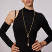 Gold Multi-Station Lariat Charm Necklace on model